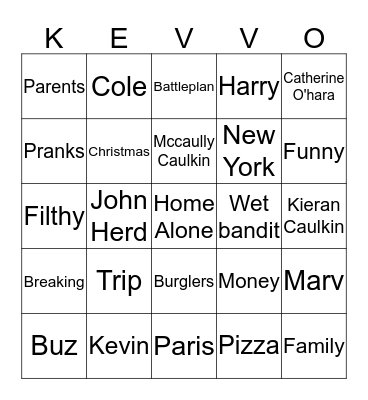 Home Alone Bingo 2018 Bingo Card