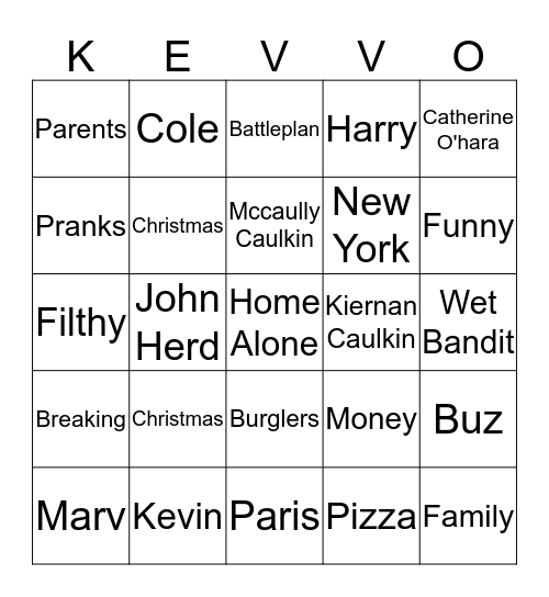 Home Alone Bingo 2018 Bingo Card