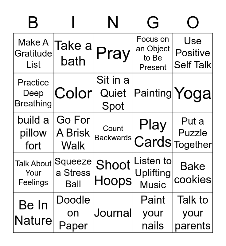 Coping Skills Bingo Card