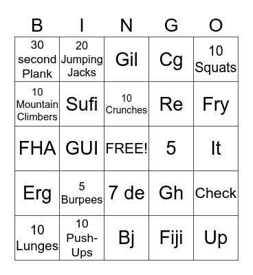 Fitness Bingo Card