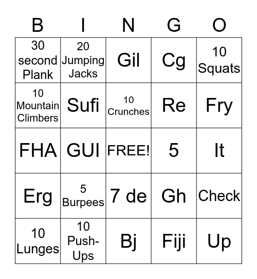 Fitness Bingo Card