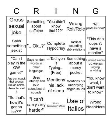 Tachyon Is Typing Bingo Card