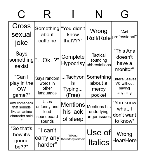 Tachyon Is Typing Bingo Card