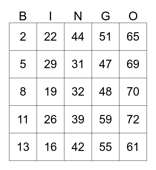 Straight Across Bingo Card