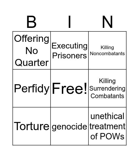 DnD War Crime Bingo Card
