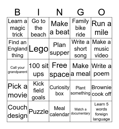 Spring Break Bingo Card