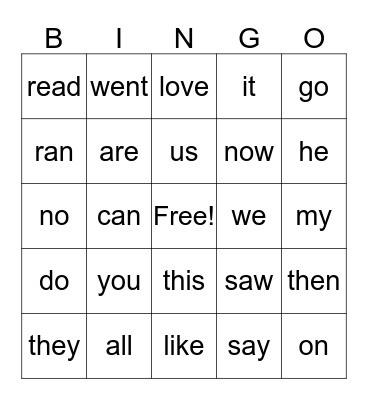 Sight Words Bingo Card