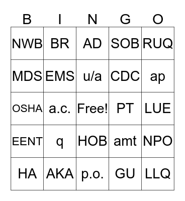 Medical Abbreviations Bingo Card