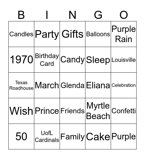 Glenda's Birthday Bingo Card