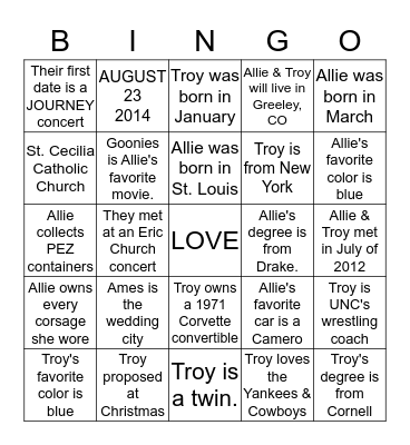 Troy and Allie Trivia Bingo Card