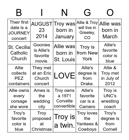 Troy and Allie Trivia Bingo Card