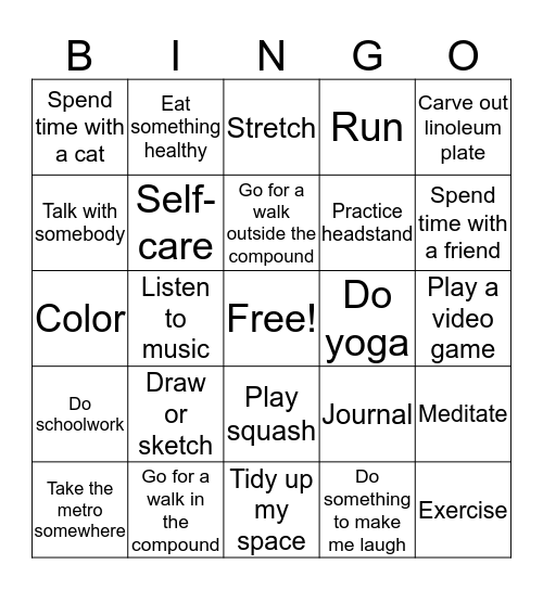 Activities Bingo Card