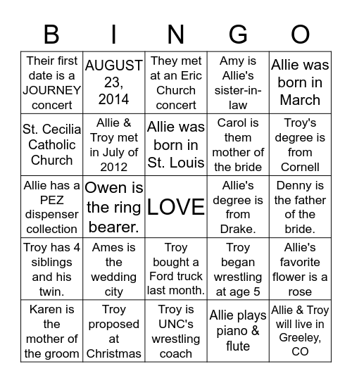 Troy and Allie Trivia Bingo Card