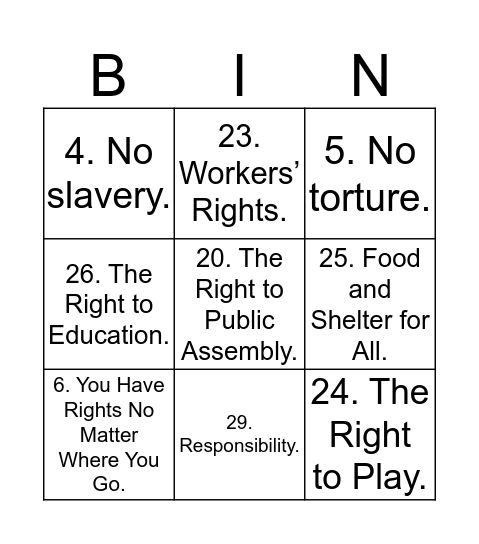 UDHR Bingo Card