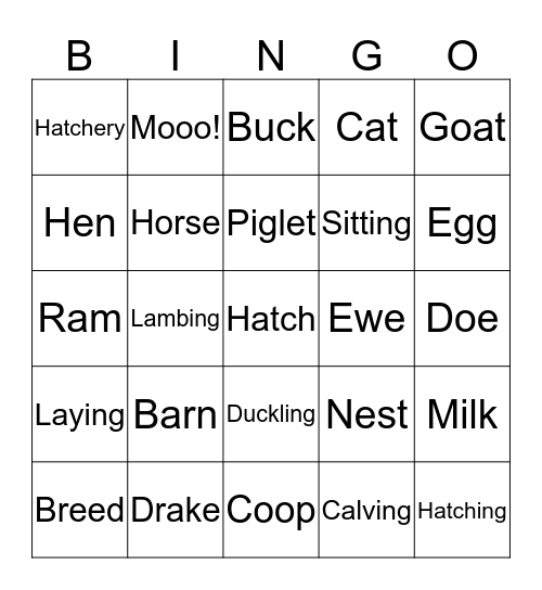 Baby Farm Yard Bingo Card