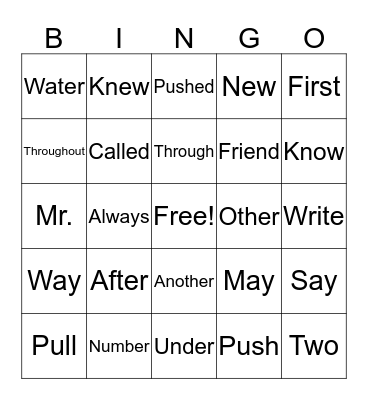 Sight Words Bingo Card