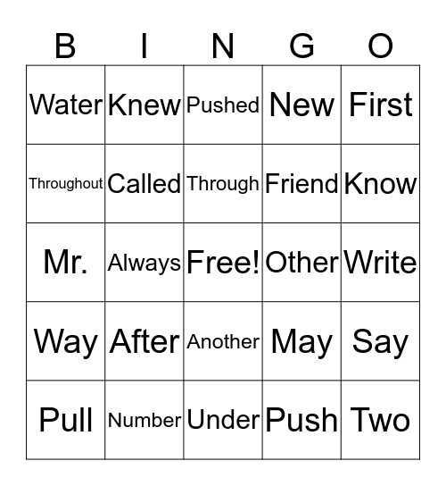 Sight Words Bingo Card