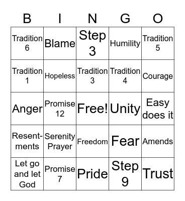 Alcoholics Anonymous  Bingo Card