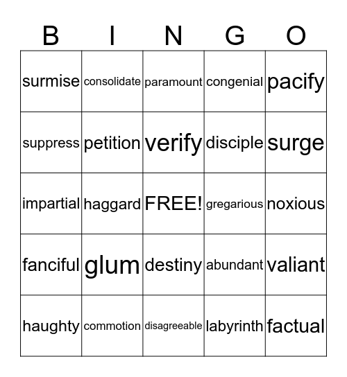 Vocabulary Week 1 Bingo Card