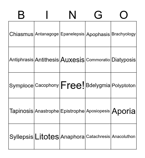 Rhetorical Device Bingo Card