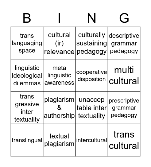 Interculturality in Writing Bingo Card