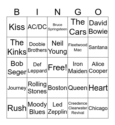 Classic Rock Bingo Card