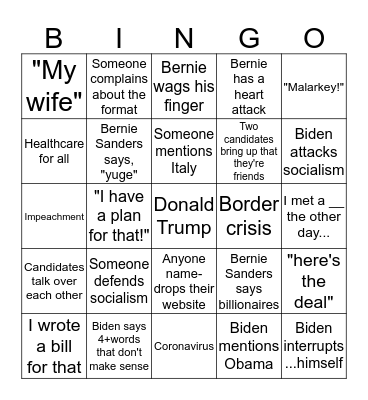 Democratic Primary Debate Bingo Card