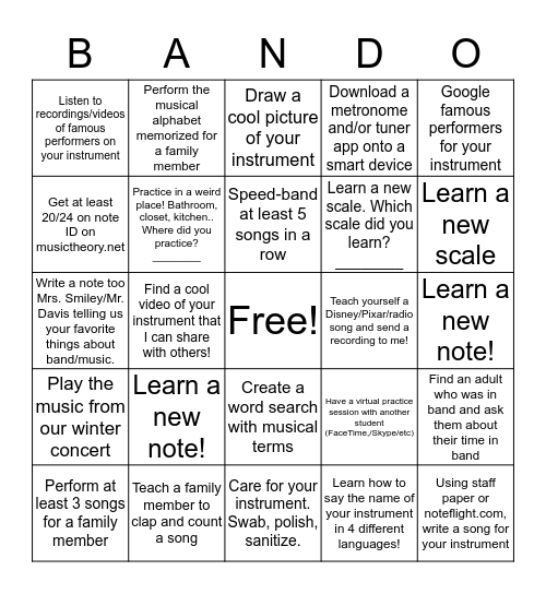 BANDO Bingo Card