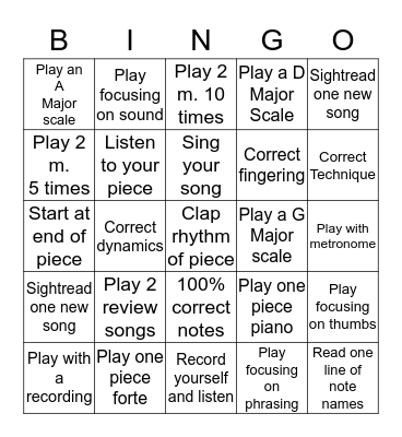Brooklyn Arts Music Academy Practice Bingo Card