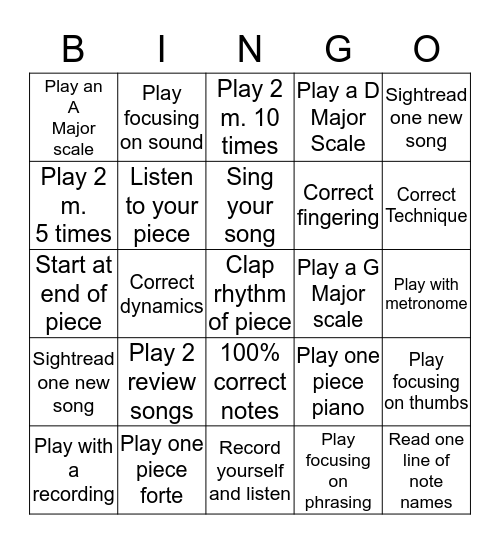 Brooklyn Arts Music Academy Practice Bingo Card