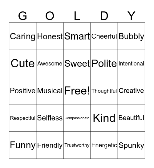 Words who Jazzy's peers describe her by! Bingo Card