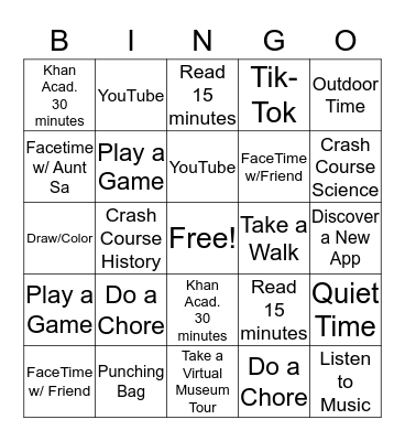 Daily Activity Bingo Card