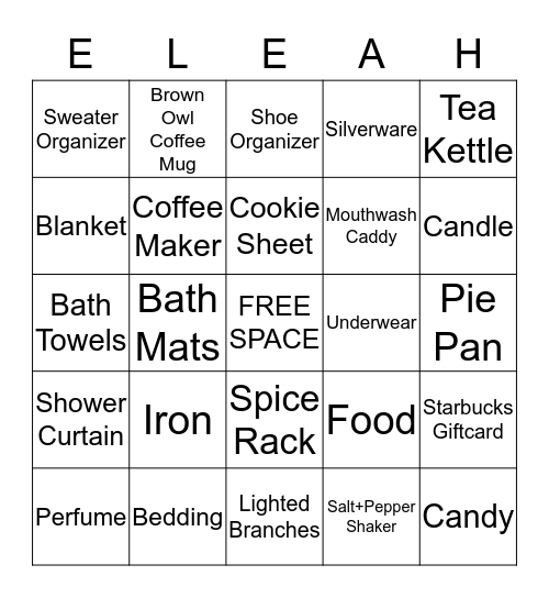 Bridal Bingo Card