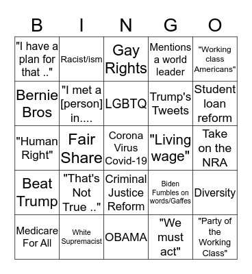 March 15th Democratic Debate Bingo Card