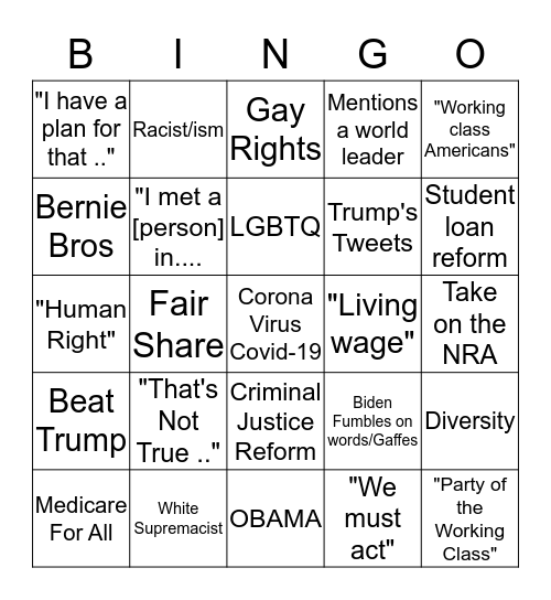 March 15th Democratic Debate Bingo Card