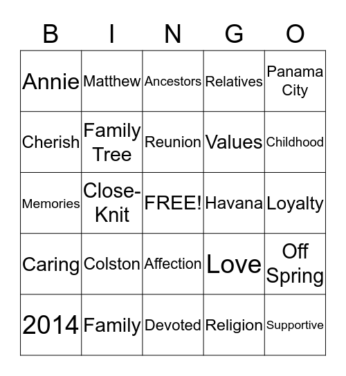 Colston Family Reunion 2014 Bingo Card