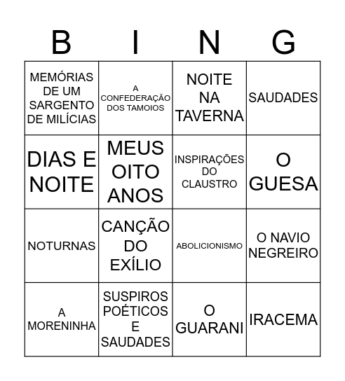 Autores Romantismo no Brasil Bingo Card