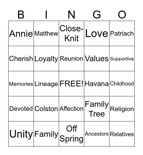 Colston Family Reunion 2014 Bingo Card