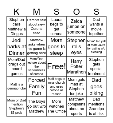 Corona Quarantine Bingo Card