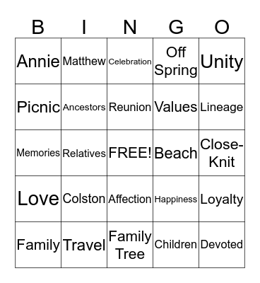 Colston Family Reunion 2014 Bingo Card