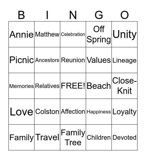 Colston Family Reunion 2014 Bingo Card