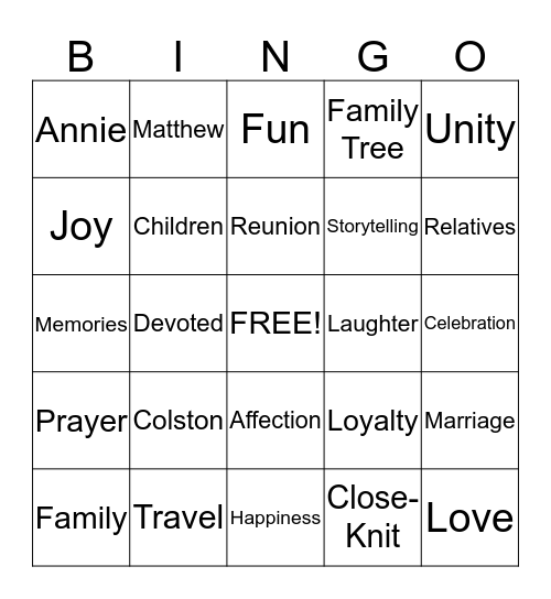 Colston Family Reunion 2014 Bingo Card