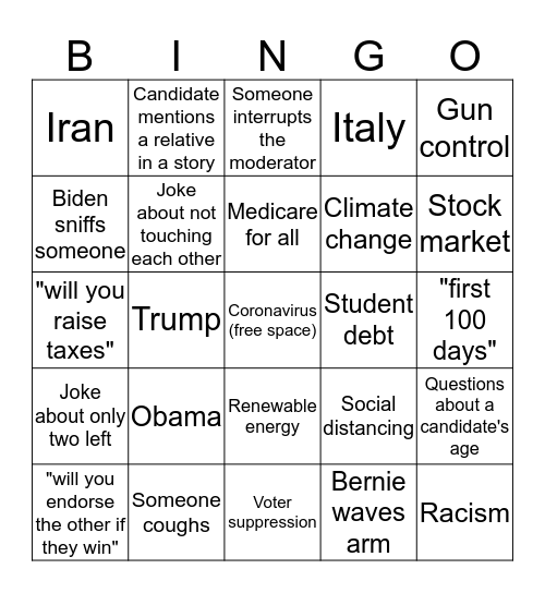 Bernie Biden Debate Bingo Card