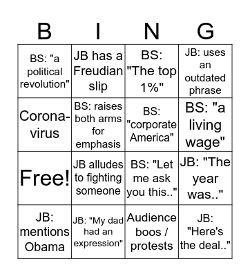 Biden vs. Sanders Debate Bingo Card