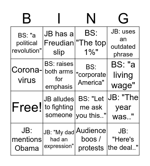 Biden vs. Sanders Debate Bingo Card