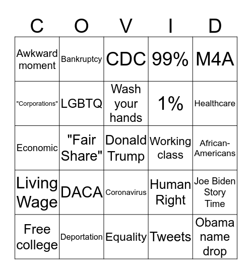 2020 Democratic Debate Bingo Card