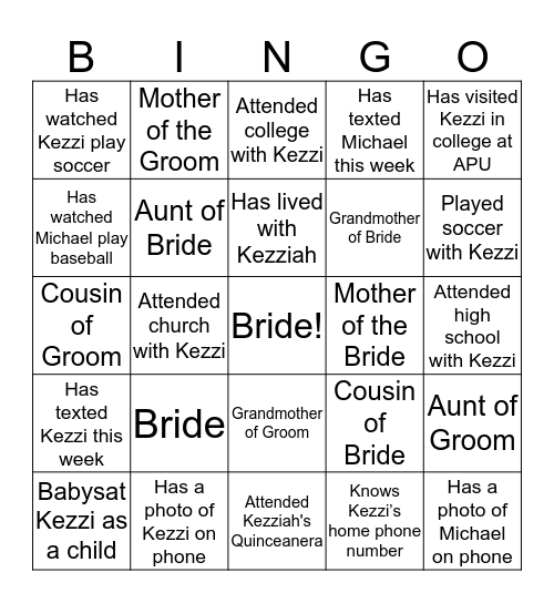 Bridal Bingo Card