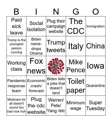 Dem Debate 03/2020 Bingo Card