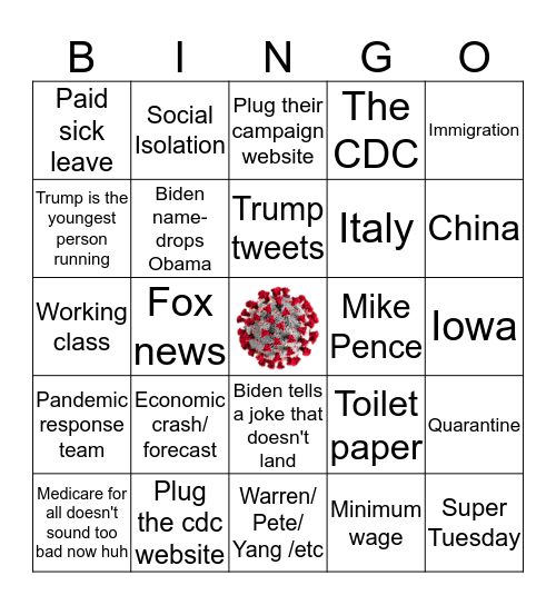 Dem Debate 03/2020 Bingo Card