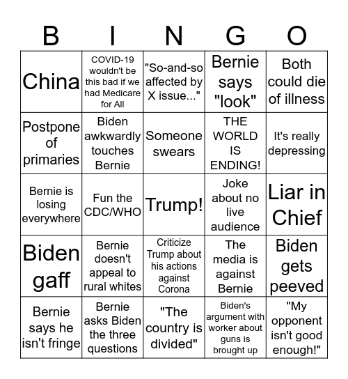 Democratic Debate Bingo (COVID-19 SPECIAL) Bingo Card